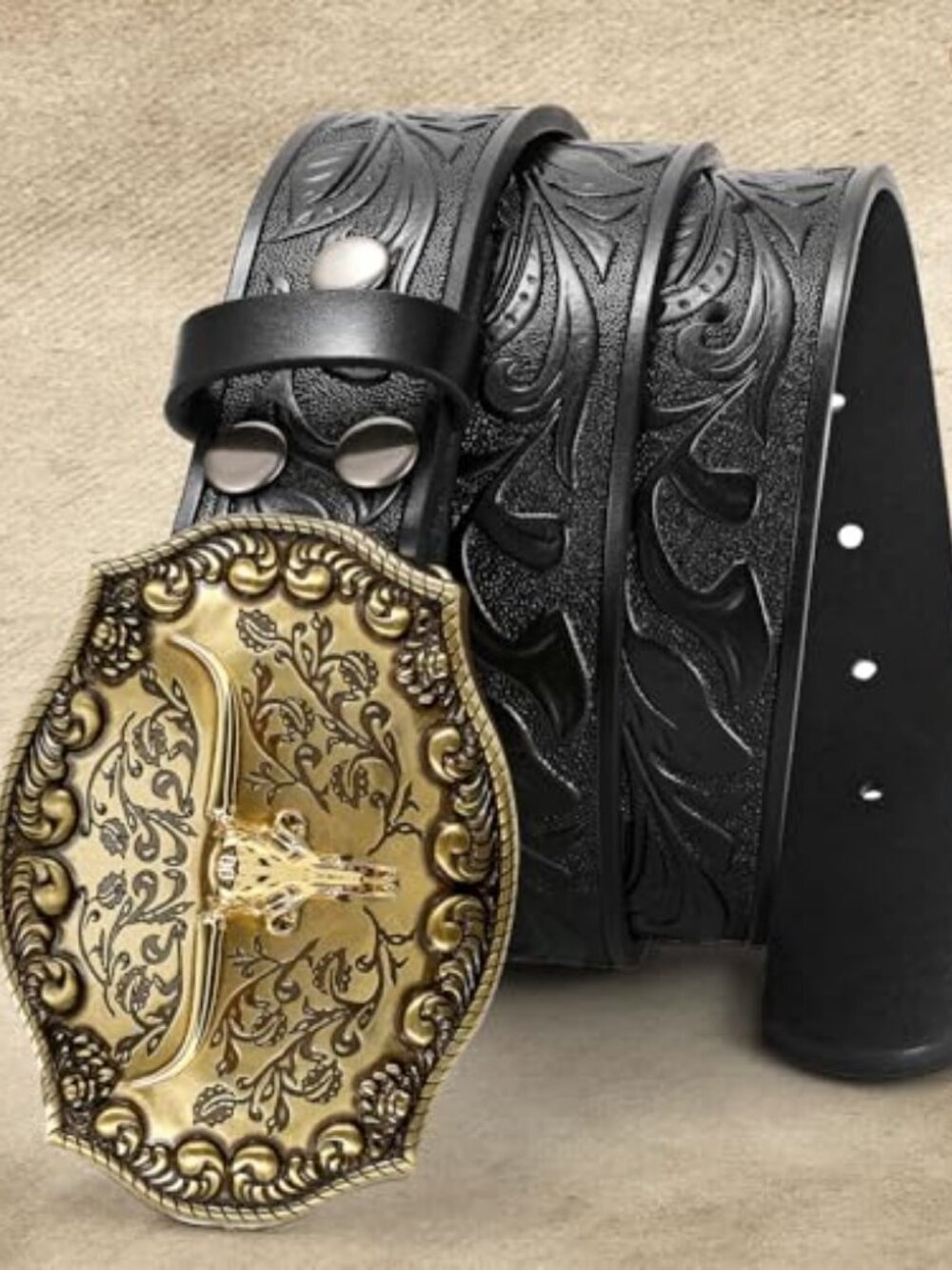 Western Leather Cowboy Belt for Men Women Longhorn Buckle Cowgirl Belt Floral